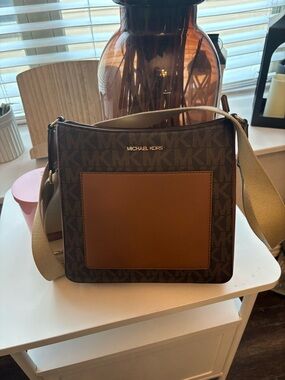 Michael Kors Brown Logo Crossbody with Tan Front Pocket and Beige Strap